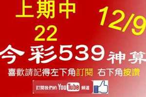 [今彩539神算] 12月9日 上期中22 5支 單號定位 雙號 拖牌