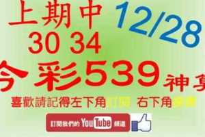 今彩539神算] 12月28日 上期中30 34 5支 單號定位 雙號 拖牌