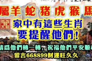 羊蛇豬虎猴馬，家中有這些生肖要提醒他們！請為他們轉一轉，祝福他們平安順利。留言668899財運旺久久。