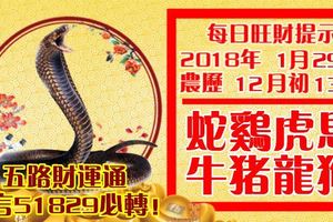 今天1月29日,每日旺財提示：蛇雞虎馬，牛豬龍狗。五路財運通！留言51829必轉！