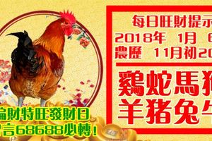 今天1月6日,每日旺財提示：雞蛇馬狗，羊豬兔牛。偏財特旺發財日！留言68688必轉！