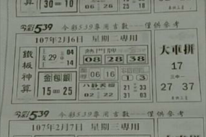 2/7大車拼，發財三星(2天份’)~今彩539參考