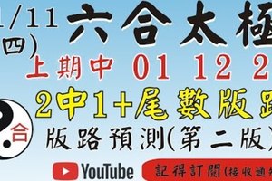 (六合太極)1/11(四)參考-2中1+尾數版路[上期中01 12 21 ]六合彩預測版路(第二版)