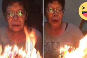 孫女在阿嬤的生日蛋糕上用心插滿68支蠟燭，沒想到點燃後竟出現「超衝擊的火神同歡慶畫面」！