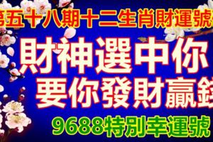 第五十八期十二生肖財運號碼。財神選中你，要你發財贏錢。9688特別幸運號！