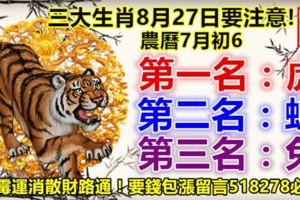 三大生肖8月27日要注意!第一名：虎。第二名：蛇。第三名：兔。黴運消散財路通！要錢包漲留言518278必轉!