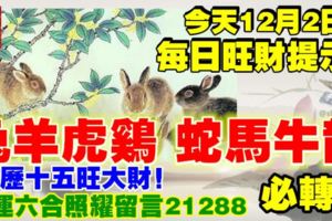 今天12月2日,每日旺財提示：兔羊虎雞，蛇馬牛龍。農曆十五旺大財！財運六合照耀留言21288必轉！