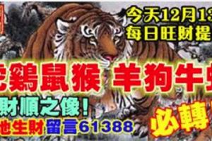 今天12月13日,每日旺財提示：虎雞鼠猴，羊狗牛蛇。大順財之像！遍地生財留言61388必轉！