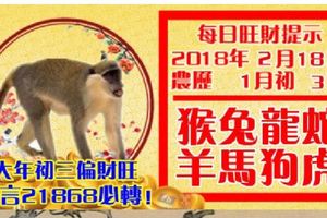 今天2月18日,每日旺財提示：猴兔龍蛇，羊馬狗虎。大年初三偏財旺！留言21868必轉！