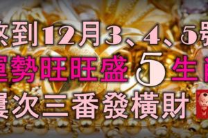 熬到12月3、4、5號，運勢旺旺盛5大生肖，屢次三番發橫財，鈔票滾滾來！