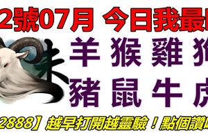 22號07月，今日我最旺！羊猴雞狗豬鼠牛虎！【22888】越早打開越靈驗！點個讚吧！